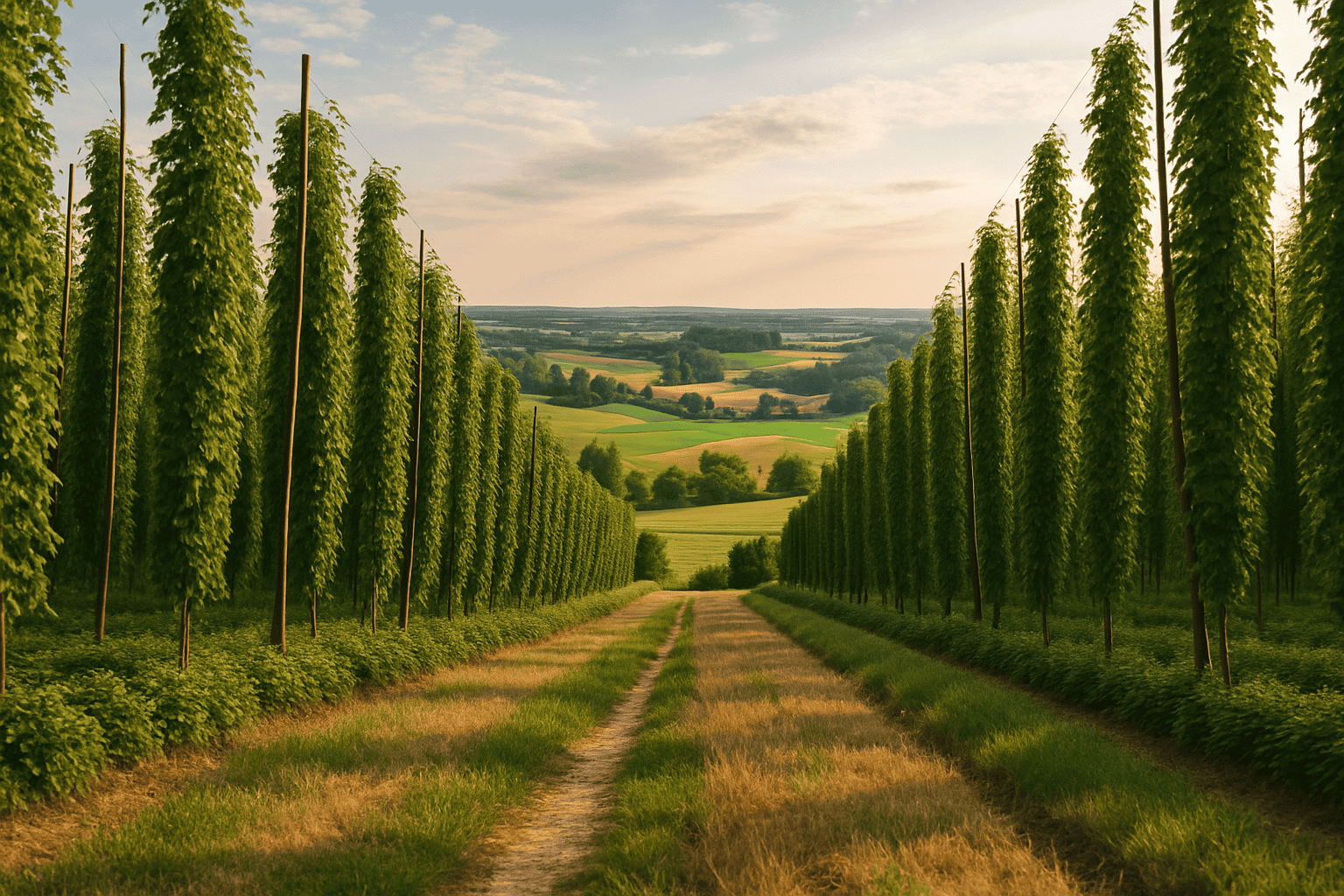 Ein Weg, der zu einem Hopfenfeld führt