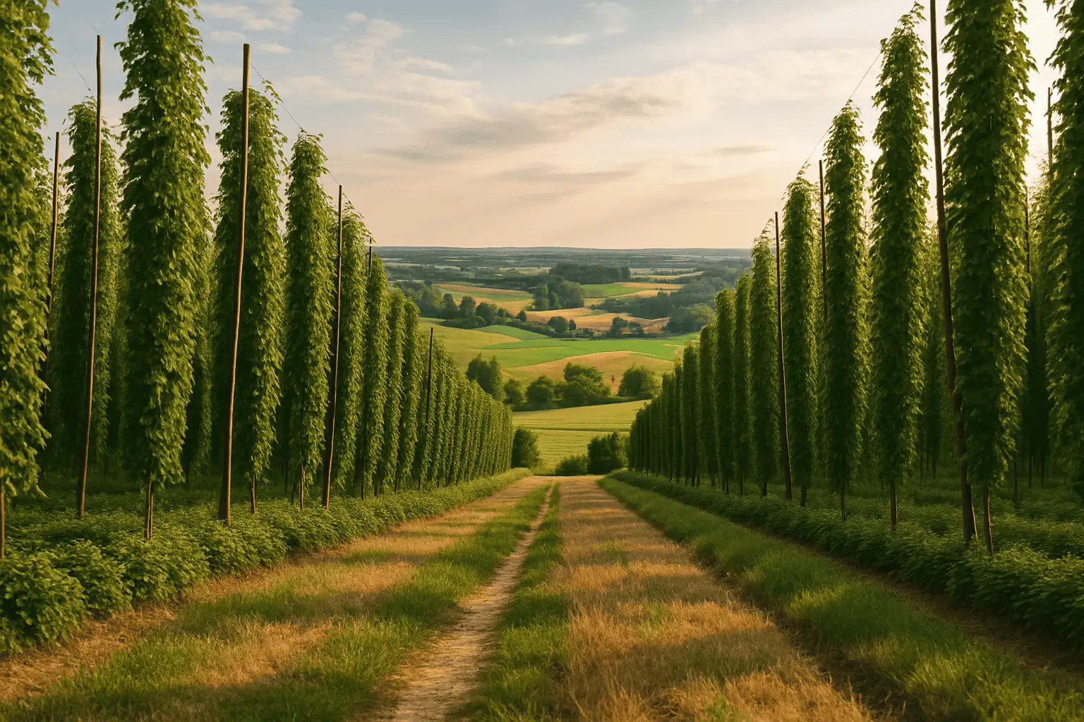 Ein Weg, der zu einem Hopfenfeld führt